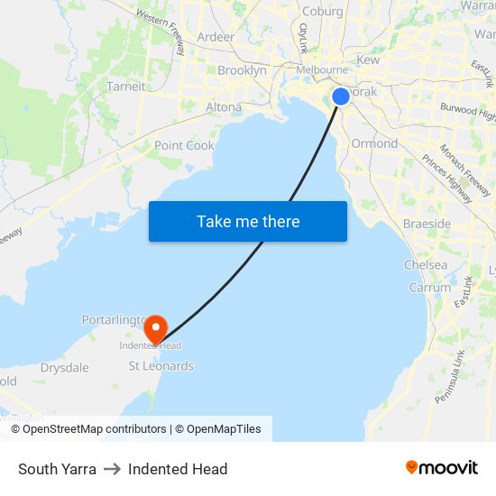 South Yarra to Indented Head map