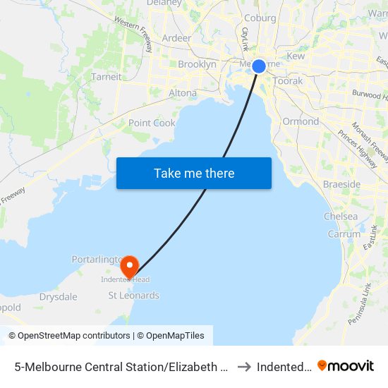 5-Melbourne Central Station/Elizabeth St (Melbourne City) to Indented Head map