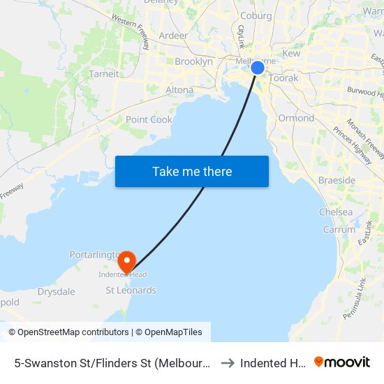 5-Swanston St/Flinders St (Melbourne City) to Indented Head map