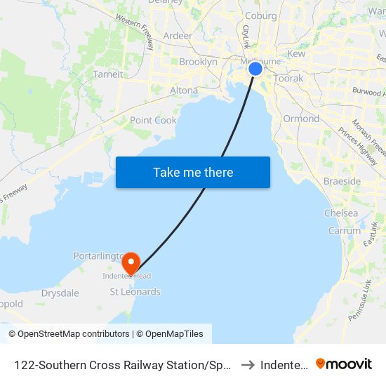 122-Southern Cross Railway Station/Spencer St (Melbourne City) to Indented Head map