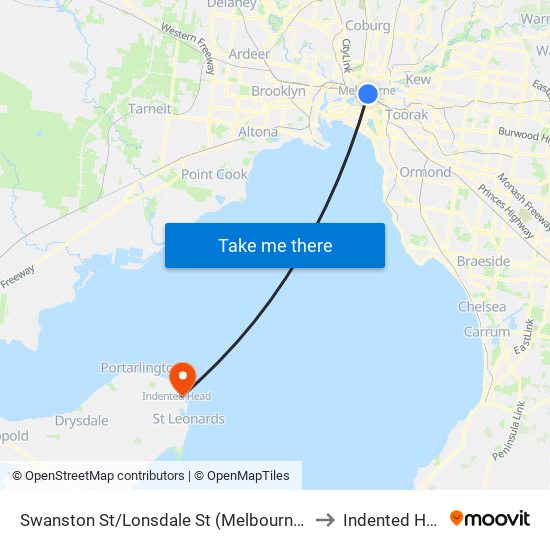 Swanston St/Lonsdale St (Melbourne City) to Indented Head map