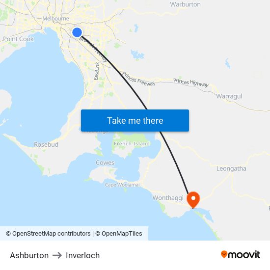 Ashburton to Inverloch map