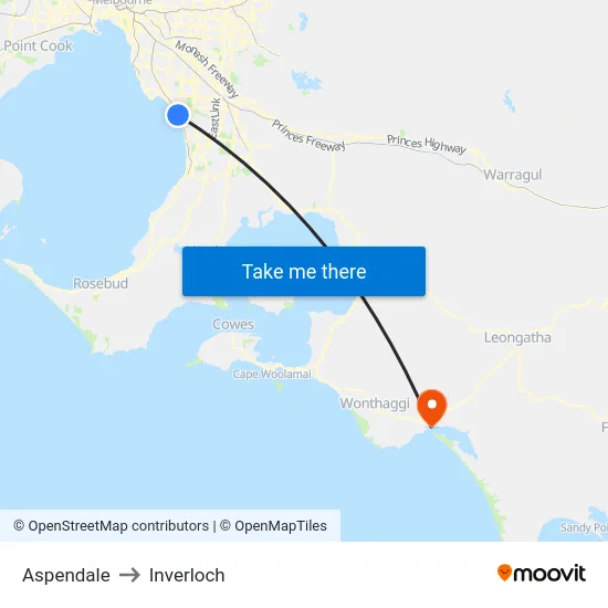 Aspendale to Inverloch map