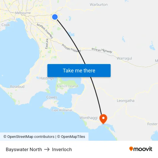 Bayswater North to Inverloch map