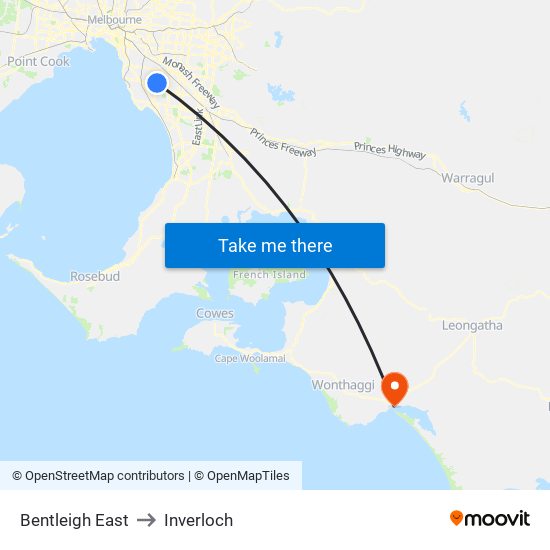 Bentleigh East to Inverloch map