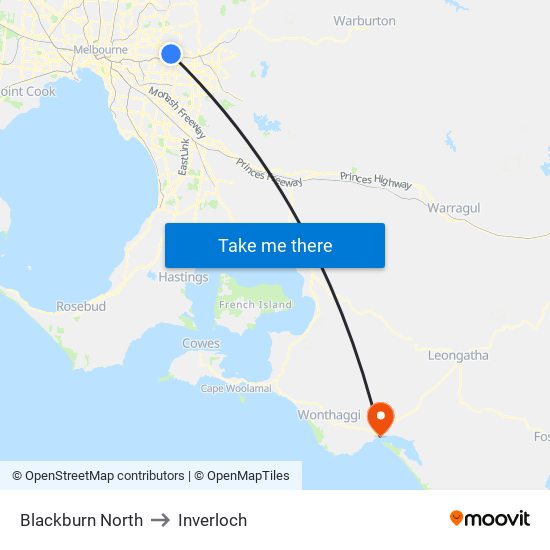 Blackburn North to Inverloch map