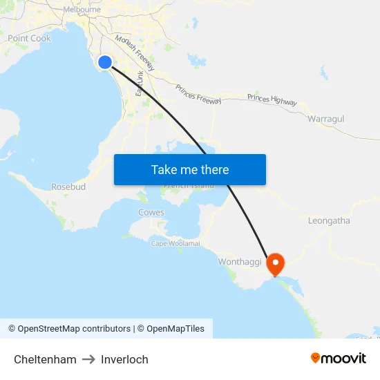 Cheltenham to Inverloch map