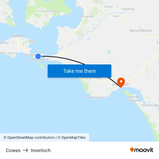 Cowes to Inverloch map