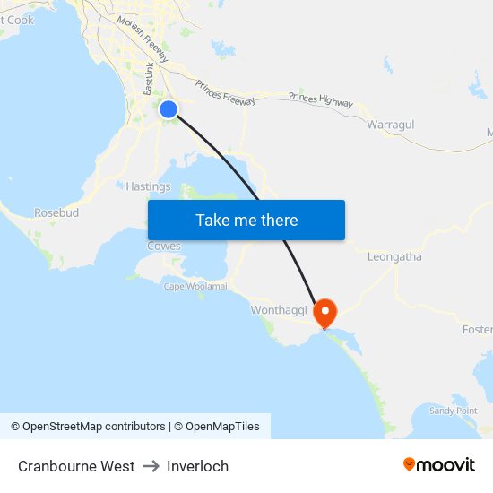 Cranbourne West to Inverloch map