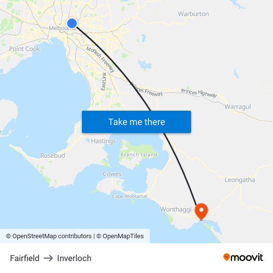 Fairfield to Inverloch map