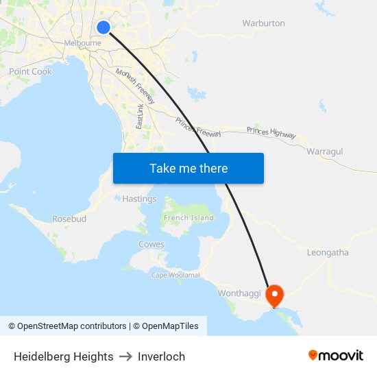 Heidelberg Heights to Inverloch map