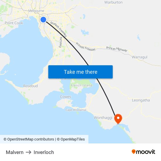 Malvern to Inverloch map