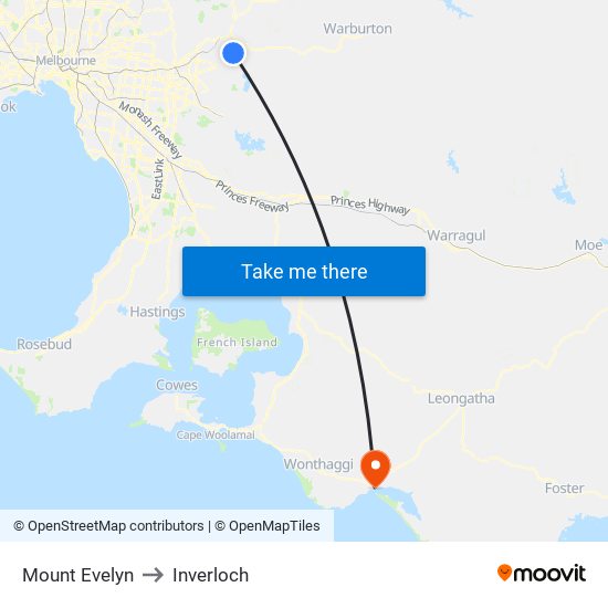 Mount Evelyn to Inverloch map