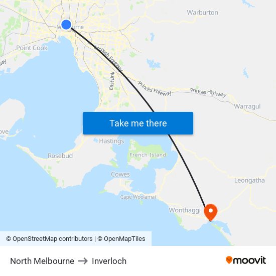 North Melbourne to Inverloch map