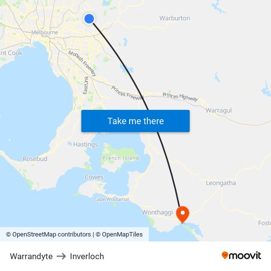 Warrandyte to Inverloch map