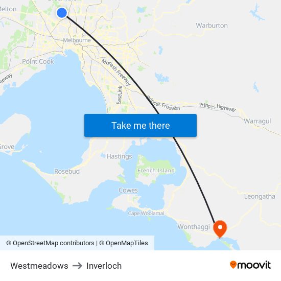 Westmeadows to Inverloch map