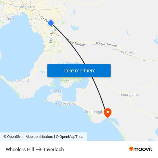 Wheelers Hill to Inverloch map