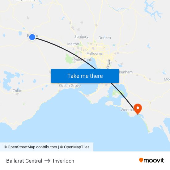 Ballarat Central to Inverloch map