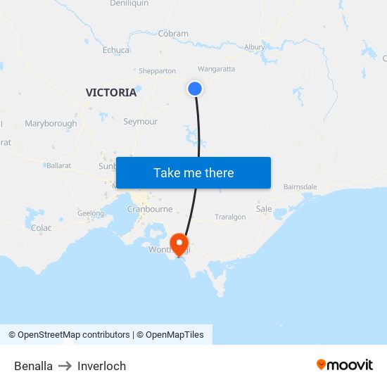 Benalla to Inverloch map