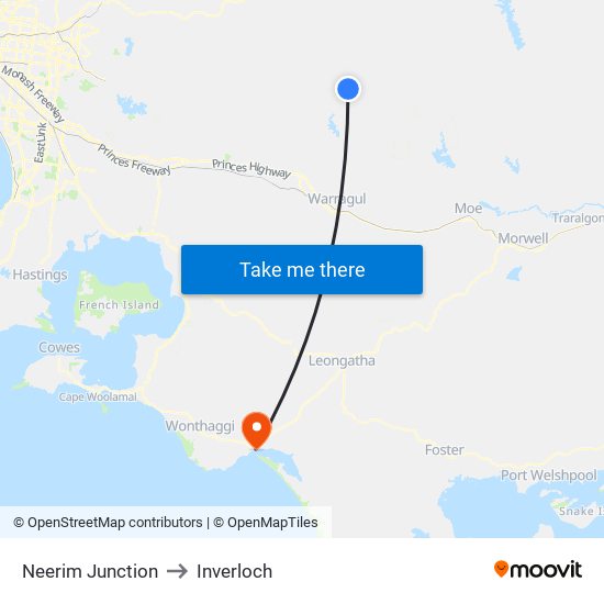 Neerim Junction to Inverloch map