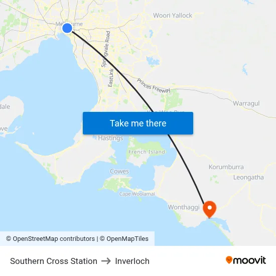 Southern Cross Station to Inverloch map