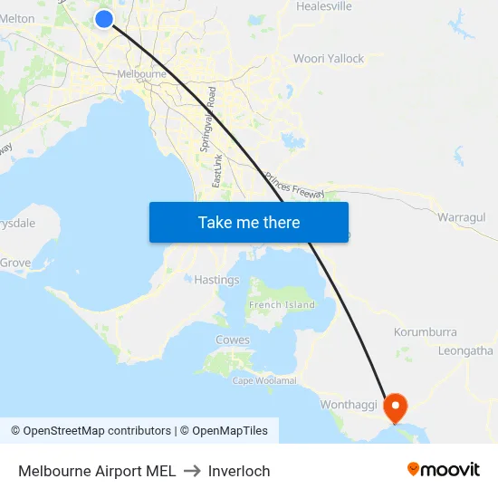 Melbourne Airport MEL to Inverloch map