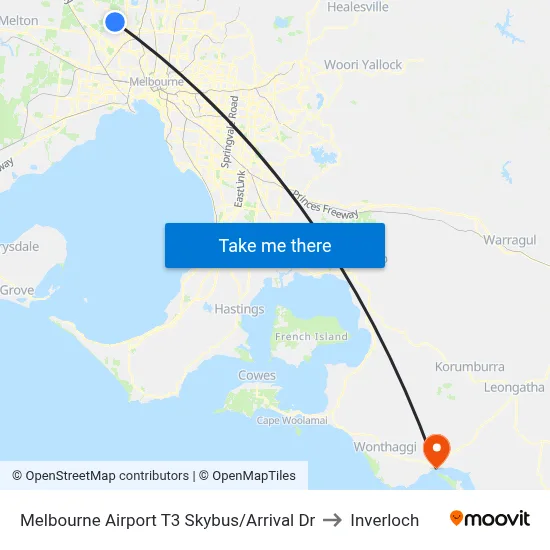 Melbourne Airport T3 Skybus/Arrival Dr to Inverloch map