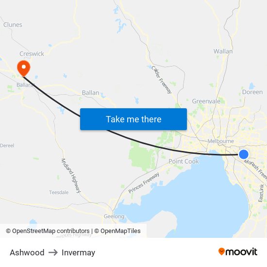 Ashwood to Invermay map