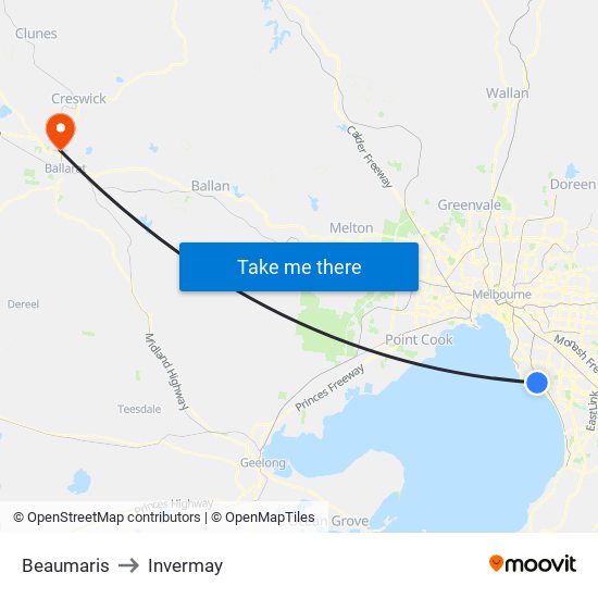 Beaumaris to Invermay map