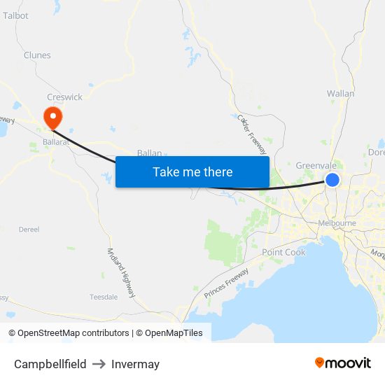 Campbellfield to Invermay map