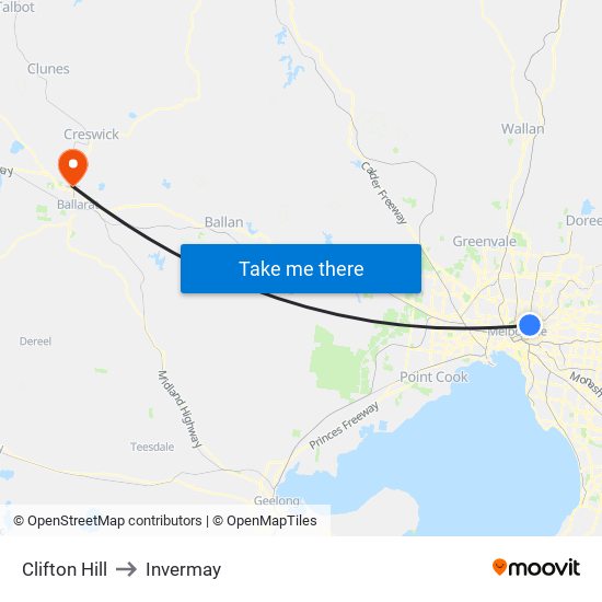 Clifton Hill to Invermay map