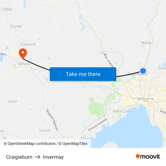 Craigieburn to Invermay map