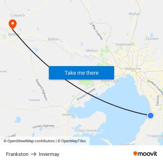 Frankston to Invermay map