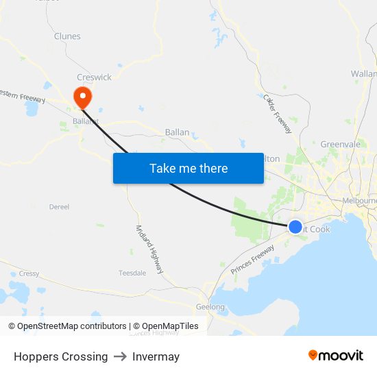 Hoppers Crossing to Invermay map