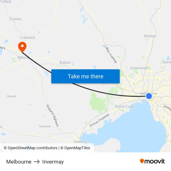 Melbourne to Invermay map