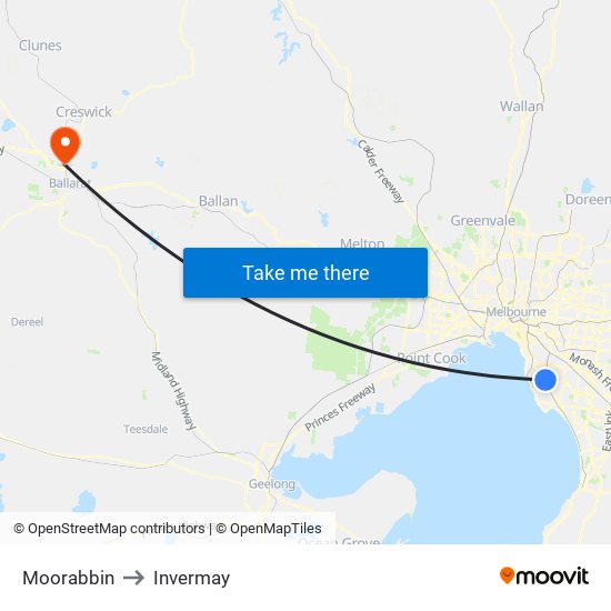 Moorabbin to Invermay map