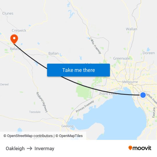 Oakleigh to Invermay map