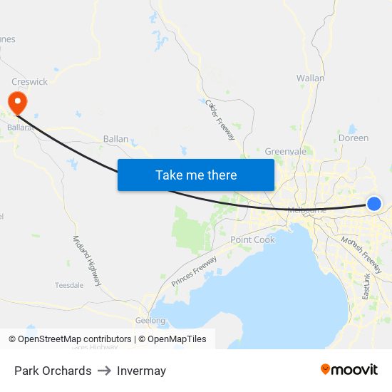 Park Orchards to Invermay map