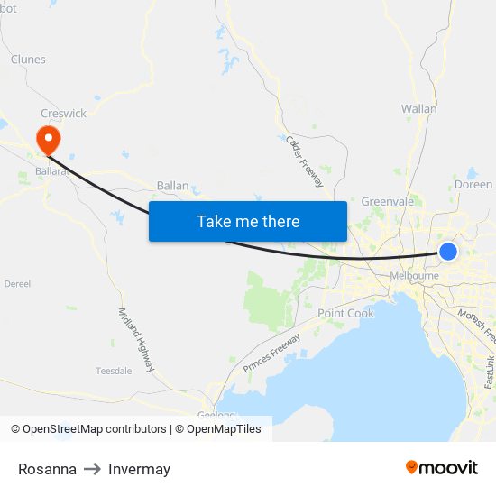 Rosanna to Invermay map