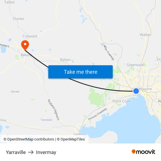 Yarraville to Invermay map