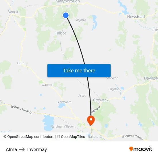 Alma to Invermay map