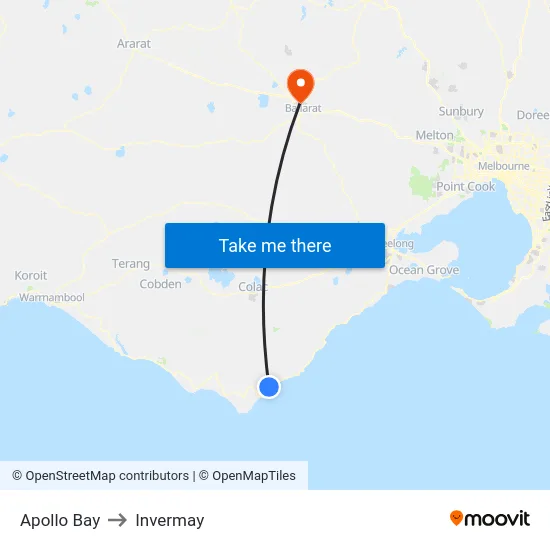 Apollo Bay to Invermay map