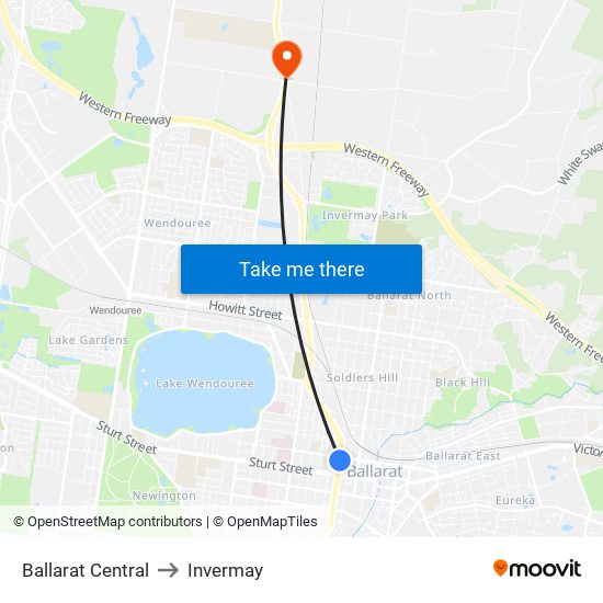 Ballarat Central to Invermay map