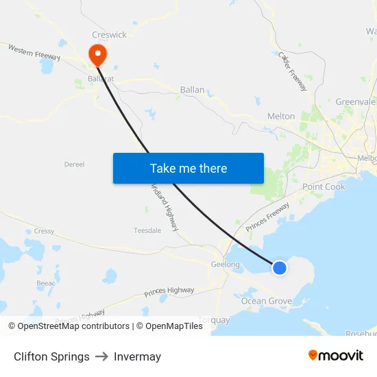 Clifton Springs to Invermay map