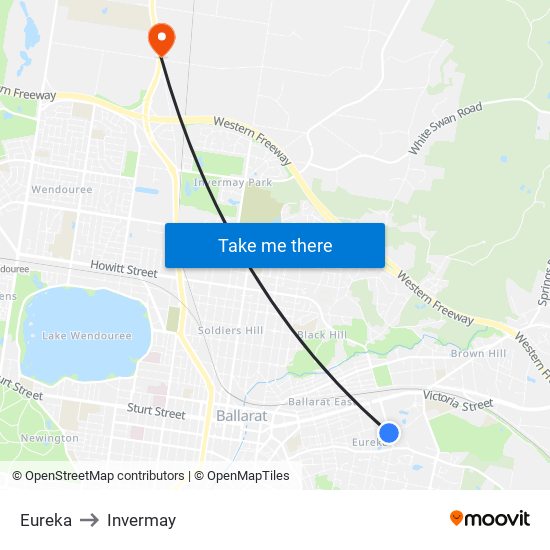 Eureka to Invermay map