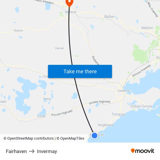 Fairhaven to Invermay map