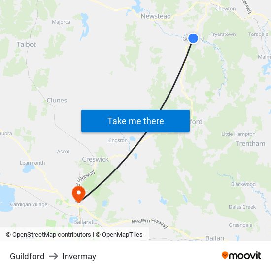 Guildford to Invermay map