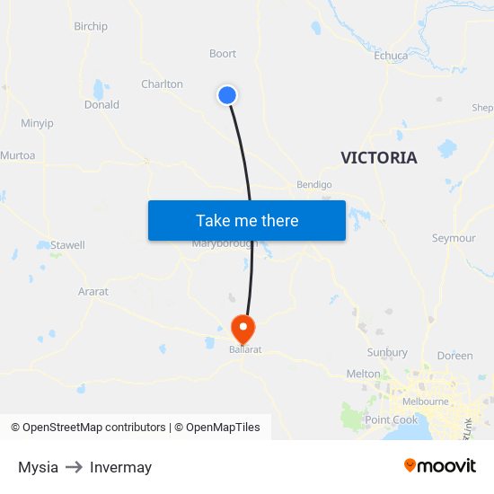 Mysia to Invermay map