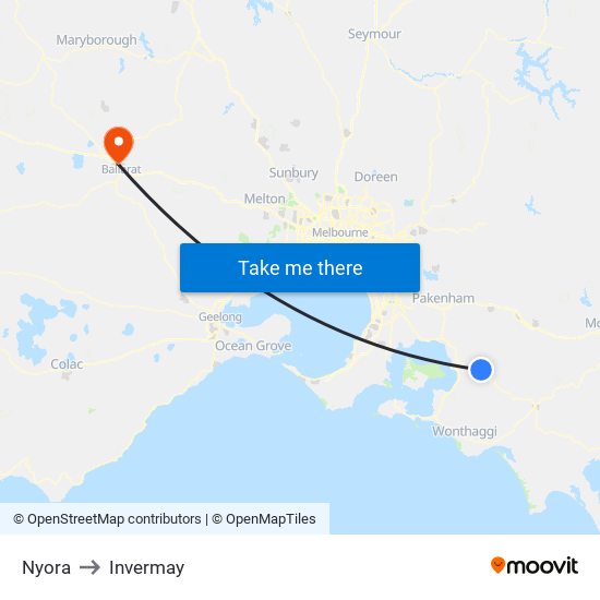 Nyora to Invermay map