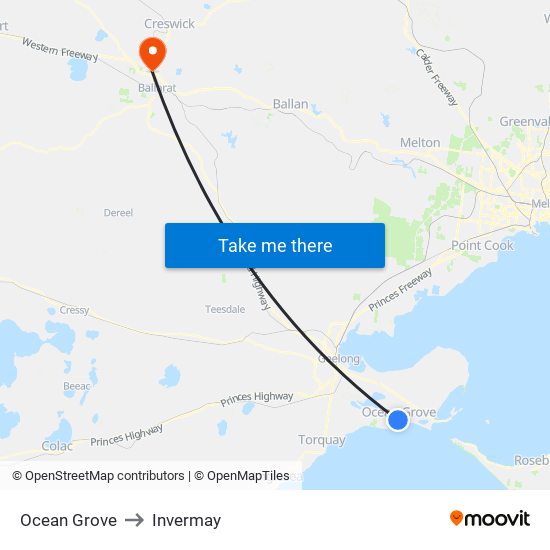 Ocean Grove to Invermay map